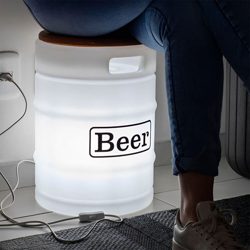 Banco Iluminado Beer Barrel Branco Porta Objetos Tampo Madeira Bivolt