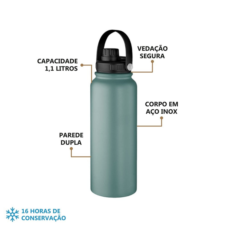 Garrafa Parede Dupla com Alça 1,1L em Aço Inox Verde